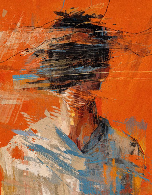 An abstract expressionist painting featuring bold orange, black, blue, and cream brushstrokes that suggest the rough form of a human figure or portrait.