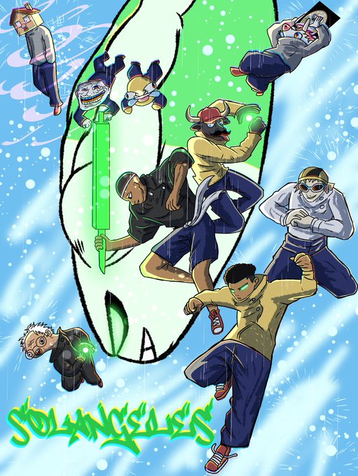A stylized illustration titled 'SPLINTERLESS' showing several cartoon characters, including one holding a glowing green sword, in action poses against a blue, watery background.