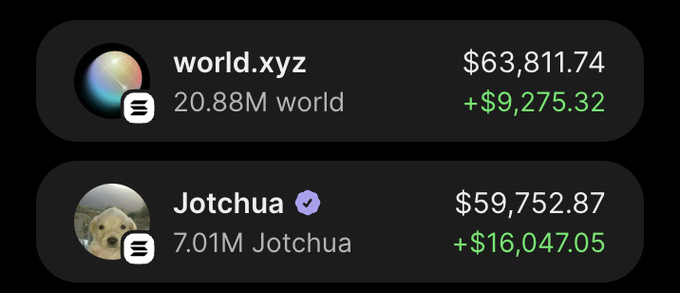A screenshot showing crypto portfolio holdings, displaying "world.xyz" with 20.88M world tokens valued at $63,811.74 (+$9,275.32) and "Jotchua" with 7.01M Jotchua tokens valued at $59,752.87 (+$16,047.05). The image appears to be used as social proof in a giveaway post offering $15 to users who engage and share their Solana addresses, likely to showcase the poster's crypto wealth and attract participants.