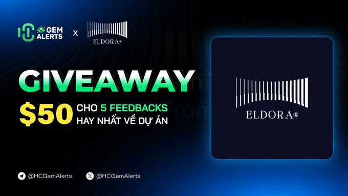 Promotional giveaway banner for $50 rewards to the top 5 feedbacks about Eldora, featuring logos of HCGemAlerts and Eldora against a dark blue background.
