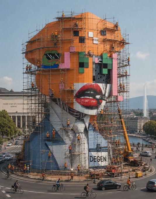 A massive pixel-art sculpture of a stylized face with sunglasses and red lips, surrounded by scaffolding and construction workers in an urban plaza near a building labeled 'MOBILE ART ET HISTOIRE GENEVE.'
