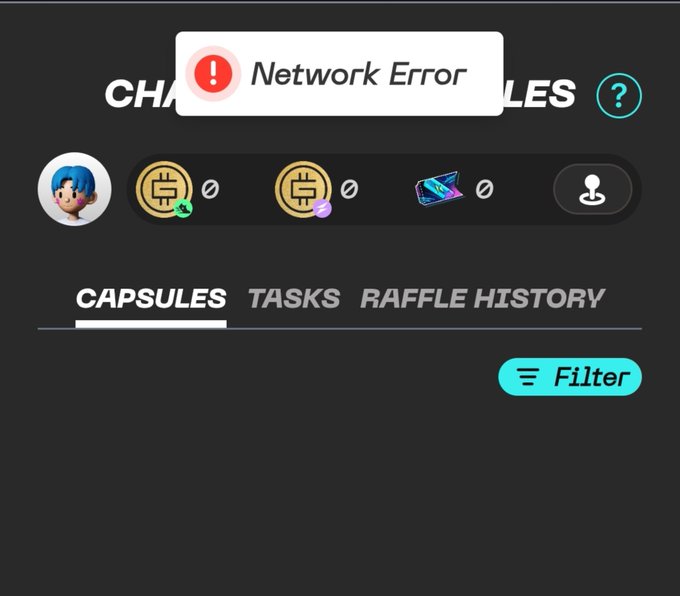 A mobile app interface displaying a 'Network Error' pop-up notification in red, with a user profile, token balances showing zero, and tabs for CAPSULES, TASKS, and RAFFLE HISTORY.