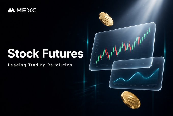 A MEXC promotional graphic titled 'Stock Futures' with the tagline 'Leading Trading Revolution,' showing candlestick charts and floating gold coins.
