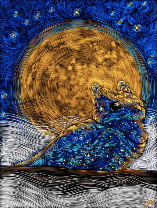 A stylized digital artwork depicting a blue and gold creature resembling a cat with swirling, starry patterns reminiscent of Van Gogh's Starry Night, positioned in front of a large golden moon or sun.