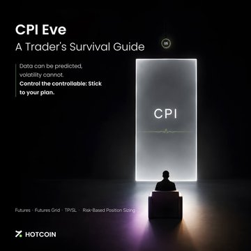 The image is a dark, minimalist promotional graphic titled "CPI Eve: A Trader's Survival Guide" with the text "Data can be predicted, volatility cannot. Control the controllable: Stick to your plan." It features a small silhouette of a person sitting in front of a large glowing screen displaying "CPI," with the HotCoin logo and the tagline "Futures. Futures Grid. TP/SL. Risk-Based Position Sizing" at the bottom.

The graphic visually reinforces the post's message by depicting the trader as a small, contemplative figure facing the looming "CPI" event, emphasizing the importance of preparation and discipline over trying to predict the outcome.