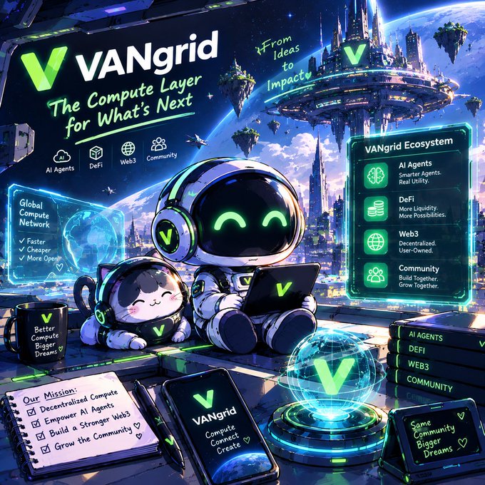A promotional graphic for 'VANgrid - The Compute Layer for What's Next' featuring a cute astronaut and cat, with text highlighting AI Agents, DeFi, Web3, and Community features.