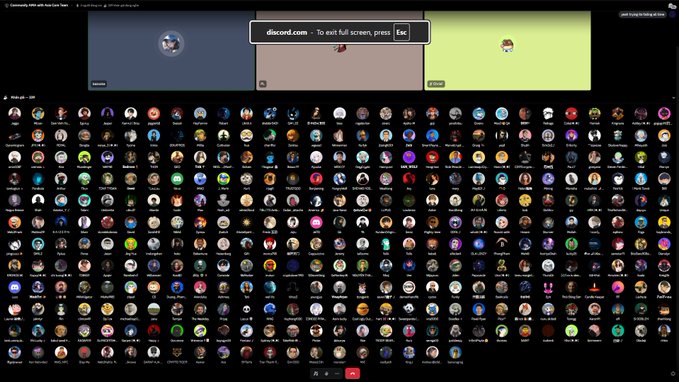 A Discord community interface for the "AI Developers" server displays a dense grid of member avatars with a "discord.com To exit full screen, press Esc" popup overlay, reflecting an AMA session with hundreds of participants gathered for the Axis robotics community.