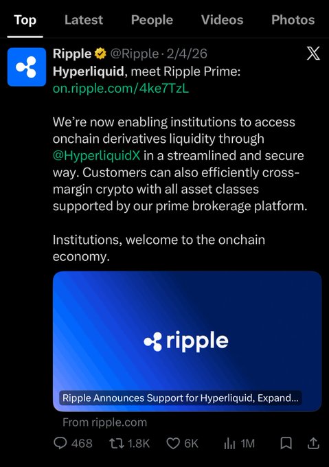 A Ripple/X post dated 2/4/26 announces the launch of "Ripple Prime," enabling institutions to access onchain derivatives liquidity through @HyperliquidX and cross-margin crypto via Ripple's prime brokerage platform, earning 6K likes and 1.8K reposts. The post relates to the "HYPER LIQUID RIPPLE TRUMP XRP" context by highlighting Ripple's integration with Hyperliquid and its prime brokerage expansion for institutional crypto trading.