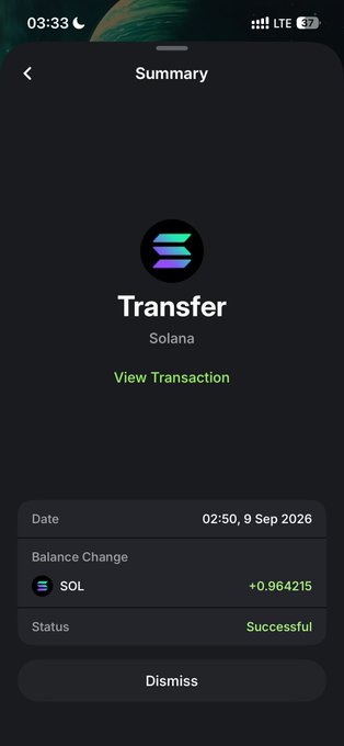 A mobile app screenshot showing a successful Solana cryptocurrency transfer transaction summary with a balance change of +0.964215 SOL, dated 02:50, 9 Sep 2026.