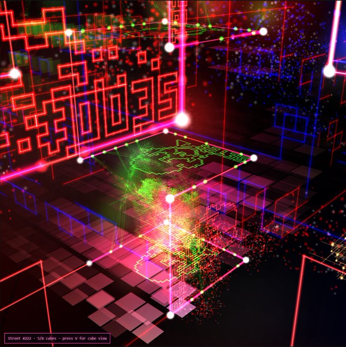 A vibrant, abstract 3D digital artwork featuring glowing neon red and green cubes with circuit-like patterns and laser beams, labeled 'Street #222 - 5/8 cubes - press V for cube view'.