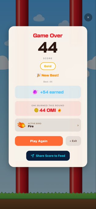 A mobile game 'Game Over' screen displaying a score of 44, 'Gold' rank, 'New Best! Best: 44', '+54 earned', '44 OMI' burned, and an 'Active Bird: Fire' with 'Play Again' and 'Share Score to Feed' buttons.