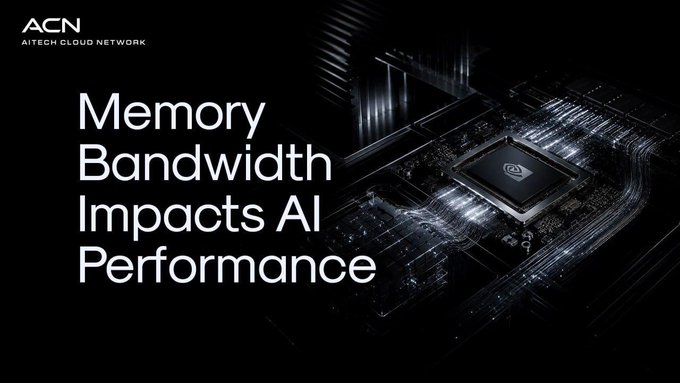 The image shows a computer chip with a lot of lines going through it, which could represent the flow of information or data within an AI system. The text above the image reads "Memory Bandwidth Impacts AI Performance!". This suggests that memory bandwidth plays a crucial role in the performance and efficiency of AI systems.