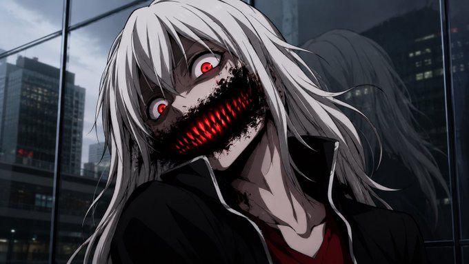The image features a woman with red eyes, a monster mask, and a black jacket. She appears to be wearing glasses as well. The caption reads "Fellas, you wake up in bed and your girl'S giving you this look. What do you do? Wrong answers will result in [REDACTED]". This is an example of a caption that is not related to the image but rather unrelated to the post's theme. It seems like someone has added it for humor or to be funny, which is not appropriate when discussing serious topics such as anime and its themes. The original caption should have been used instead.