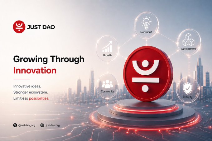 Promotional graphic for Just DAO with the text "Growing Through Innovation" and the tagline "Innovative ideas. Stronger ecosystem. Limitless possibilities." alongside icons labeled Innovation, Development, Growth, Community, and Security.
