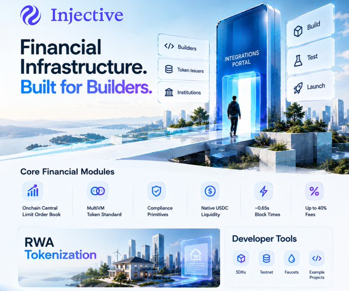 A promotional banner for 'Injective' cryptocurrency platform advertising 'Financial Infrastructure. Built for Builders' featuring features like Builders, Token Issuers, Institutions, and core modules including Onchain Central Limit Order Book and MultiVM Token Standard.