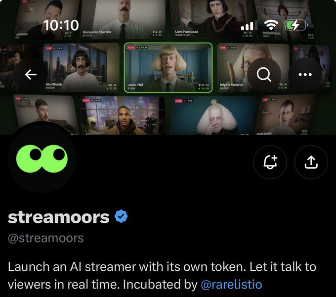 A screenshot of the 'streamooors' app (@streamooors), described as 'Launch an AI streamer with its own token. Let it talk to viewers in real time. Incubated by @rarelistio', showing AI streamer profiles.