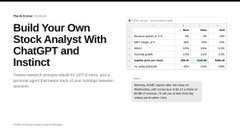 A graphic titled "Build Your Own Stock Analyst With ChatGPT and Instinct," featuring a brief description on the left about creating a stock analyst agent, and a thumbnail preview of a stock portfolio interface on the right.