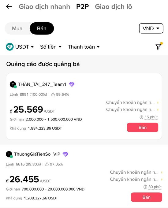 Vietnamese P2P cryptocurrency exchange screen showing USDT sell orders at 25,569 and 26,455 VND from sellers THẦN_TÀI_247_Team1 and ThuongGiaTienSo_VIP.