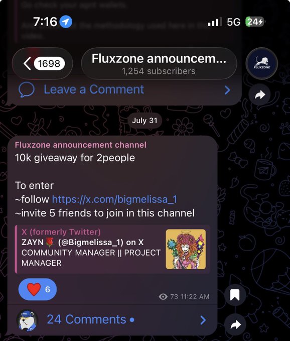 A screenshot of a Telegram channel named 'Fluxzone announcement' (1,254 subscribers) promoting a '10k giveaway for 2people' requiring participants to follow @bigmelissa_1 on X and invite 5 friends.
