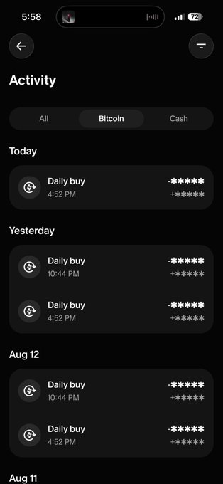 A screenshot of a Cash App activity feed showing multiple "Daily buy" transactions of Bitcoin, with frequent purchases all stamped at 4:52 PM and 10:44 PM from today, yesterday, and August 12-13, visually reinforcing the 4-day streak of recurring Bitcoin buys mentioned in the post.