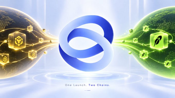 A glowing blue infinity-style logo sits between two flowing streams of golden and green holographic cubes, symbolizing the bridge between two blockchain ecosystems, with the tagline "One Launch. Two Chains." reinforcing the simultaneous deployment concept.