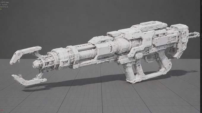 A detailed 3D model of a futuristic white sci-fi rifle/weapon is displayed in a modeling software viewport, featuring a claw-like front grip, mechanical body, and pistol-style stock. Small UI text in the top-left corner shows "323 Geo," "12 Tris," and "ver72.7.2," indicating the mesh statistics and software version.