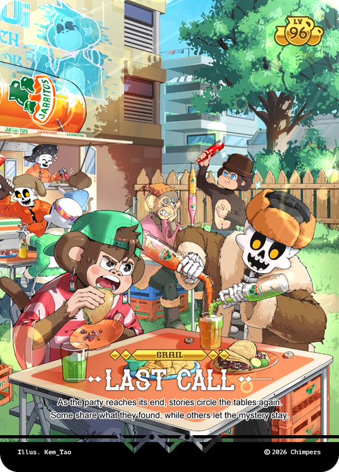 A Chimpers dojo card depicts anthropomorphic apes at a lively “Last Call” party, with Level 96 and the goal “GRAB!” visible. It ties to the post as another new @ChimpersHQ dojo card.