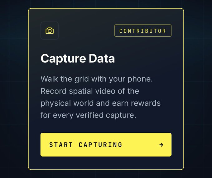 A mobile app interface for VanGrid's "Capture Data" program, showing a "Contributor" badge and a yellow "Start Capturing" button, with text inviting users to "Walk the grid with your phone. Record spatial video of the physical world and earn rewards for every verified capture." The image illustrates the contributor side of the platform described in the post, where nearby users fulfill AI agents' requests for location-based visual data in exchange for USDC rewards.