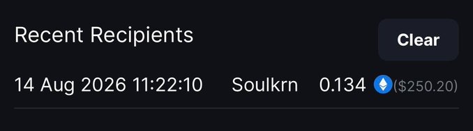 The image shows a "Recent Recipients" section displaying a transaction record dated "14 Aug 2026 11:22:10" where Soulkrn received 0.134 ETH ($250.20). This screenshot serves as visual confirmation of the $250 payment mentioned in the accompanying post, verifying the transfer to @Soulkrn.