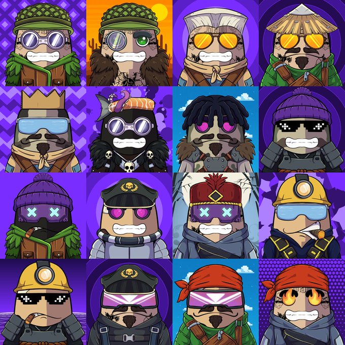 A 4x4 grid of sixteen cartoon NFT characters featuring various stylized avatars with sunglasses, hats, and edgy accessories against purple and dark backgrounds, promoting an upcoming "INK BLOBS" NFT mint on OpenSea at a GTD price of 0.05 ETH.