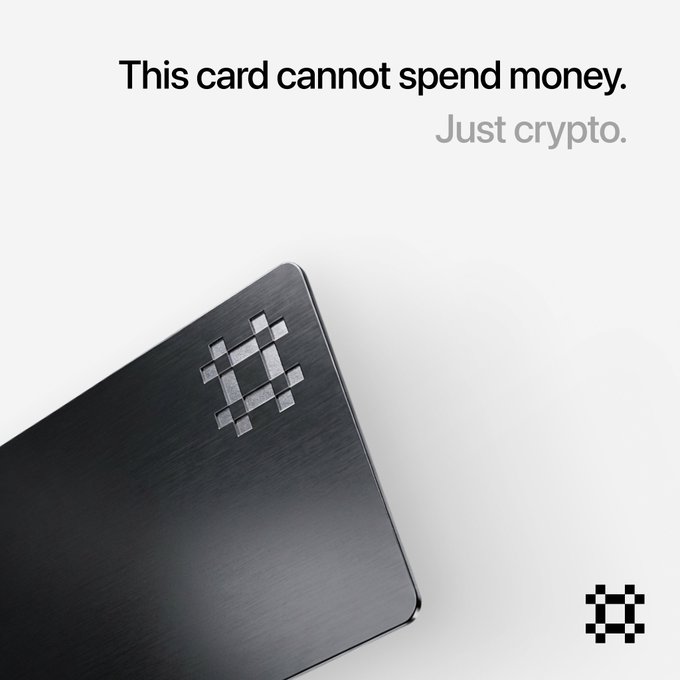 A minimalist advertisement showing a black metal card with text "This card cannot spend money. Just crypto." and a small logo in the corner.