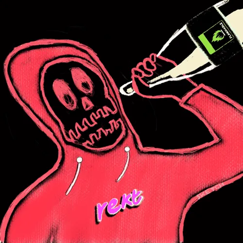 Stylized illustration of a red hoodie skeleton character wearing a 'rekt' necklace and drinking from a bottle labeled 'PUMPIT'.