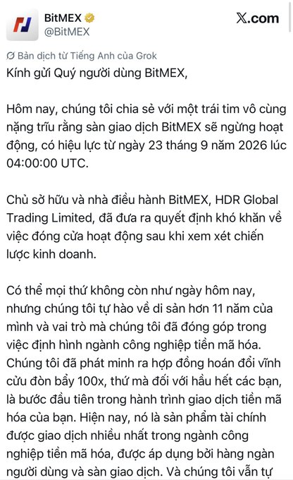 A screenshot announces that the BitMEX trading platform will cease operations on September 23, 2026, acknowledging its pioneering role in the crypto industry, especially with the introduction of 100x leveraged perpetual futures.