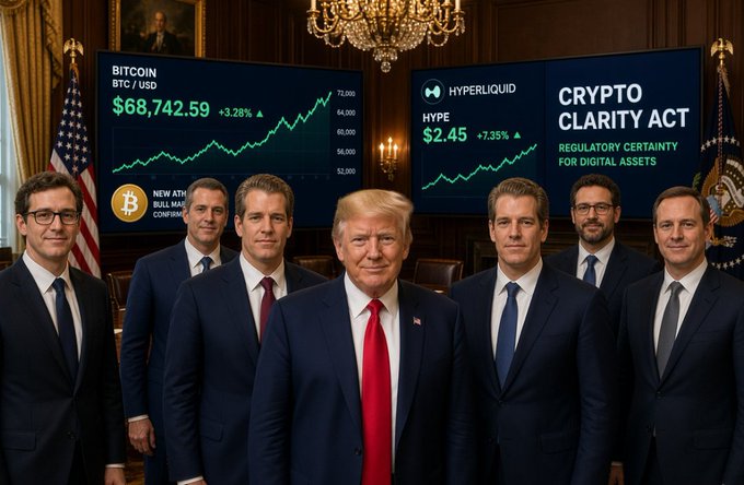 Donald Trump stands with several men in suits in front of screens displaying 'BITCOIN BTC / USD' at $68,742.59, 'HYPERLIQUID HYPE' at $2.45, and 'CRYPTO CLARITY ACT - REGULATORY CERTAINTY FOR DIGITAL ASSETS'.
