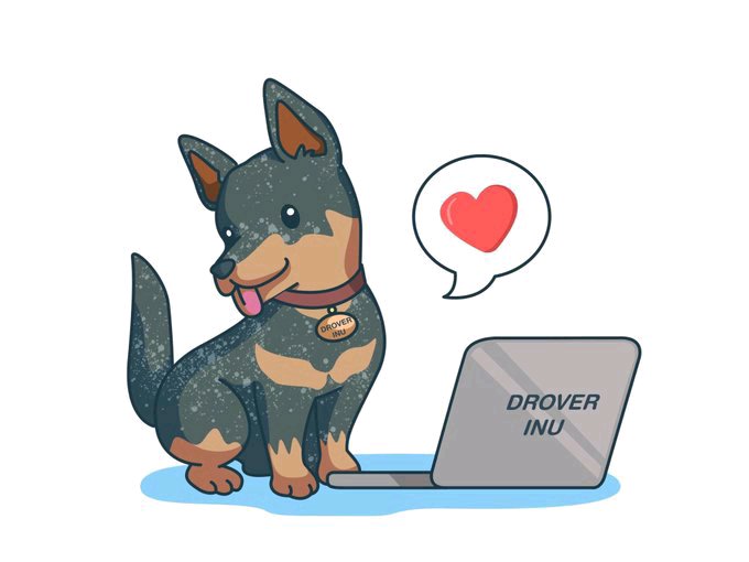 A cartoon illustration of a dark-coated dog with a 'Drover Inu' tag sitting in front of a laptop displaying 'DROVER INU', with a heart speech bubble.