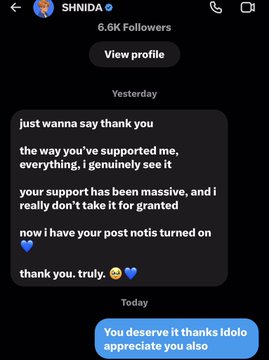 The screenshot shows a direct message conversation with user "SHNIDA" (6.6K Followers) where they thank the recipient for their support, noting that their support has been massive and that they have notifications turned on, to which the recipient replies "You deserve it thanks Idolo appreciate you also." The exchange relates to the post about celebrating hitting 500 followers, suggesting SHNIDA is recognizing the recipient as one of their loyal supporters who helped them reach that milestone.