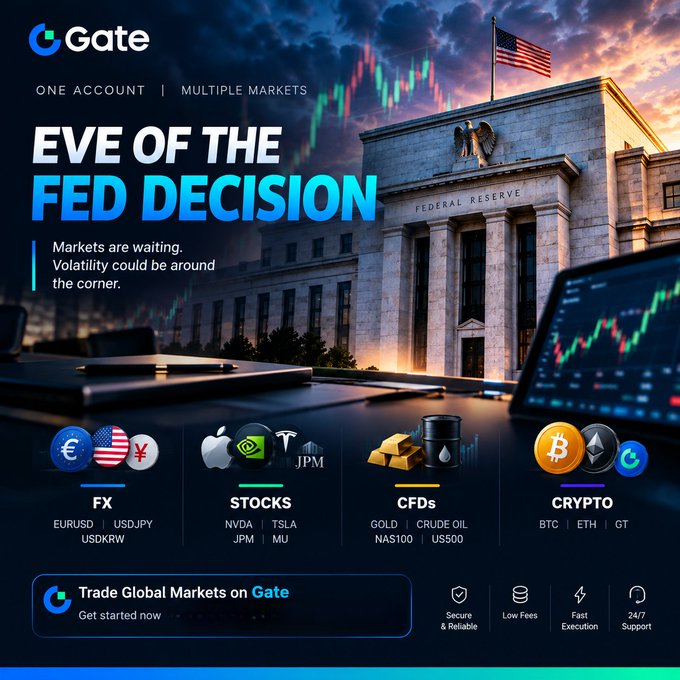 A promotional banner for Gate exchange titled "EVE OF THE FED DECISION" featuring the Federal Reserve building, advertising multiple markets including FX (EURUSD, USDJPY), Stocks (NVDA, TSLA, JPM, MU), CFDs, and Crypto (BTC, ETH, GT).