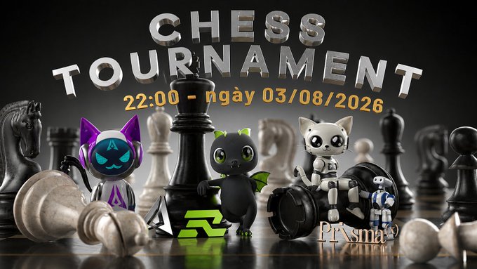 A promotional banner for a 'CHESS TOURNAMENT' scheduled for '22:00 - ngày 03/08/2026', featuring animated mascot characters around chess pieces on a board.