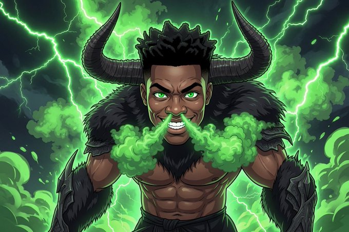 Stylized digital artwork of a muscular man with glowing green eyes and large black horns, breathing green smoke or energy, set against a dramatic background of green lightning bolts, evoking a demonic or supervillain aesthetic.