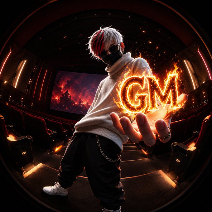 Anime-style illustration of a white-haired character in a mask and white turtleneck holding flaming 'GM' text in a dark cinema.
