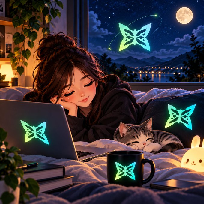 An anime-style illustration depicts a girl sleeping peacefully beside a kitten and a laptop, with glowing blue butterfly logos floating around the cozy nighttime scene.