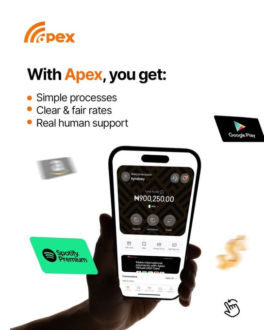 A promotional graphic for the Apex app, highlighting "Simple processes, Clear & fair rates, Real human support," showing a smartphone displaying a transaction of ₦900,250.00, along with Google Play, Spotify Premium, and Visa logos.