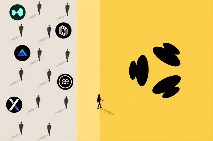 The image features a woman walking past a yellow wall with several black circles scattered across it, each representing a different cryptocurrency symbol or logo. The woman appears to be walking away from these symbols, possibly indicating her disinterest or detachment towards them. The scene suggests that while there was some initial interest in the various cryptocurrencies at the time of their creation, over time and as new developments occurred, the focus shifted towards more mainstream and stable assets like fiat currency and traditional investments. This shift can be attributed to factors such as regulatory changes, technological advancements, and changing consumer preferences.