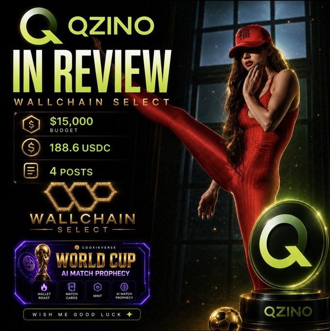 In this image, there's a woman wearing a red dress who appears to be kicking her legs with one leg up in front of her as she stands next to a soccer ball. The setting seems to be an indoor area like a studio or a room designed for gaming. In the background, there is a banner with some text on it, and at the bottom of the image, you can find details about the post related to Wallchain Select. This post is in review as part of the @qzino_official campaign, which focuses on applying for an account or participating in various activities through messaging apps like Telegram. The main goal of the campaign is to promote the gaming app and offer a platform where people can connect with others who share similar interests, such as gaming enthusiasts or sports fans.