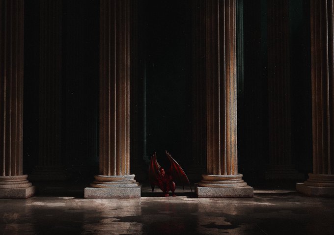 A small red dragon perches between towering marble columns in a dark, cathedral-like hall, its wings folded as it gazes outward beneath a star-flecked void—capturing the mythical, gothic mood of "The Grith." The creature's diminutive scale against the massive pillars evokes the awe-inspiring presence suggested by the caption "gm 🦇."