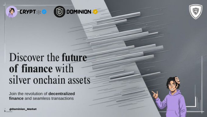 The image features a poster for a cryptocurrency called "domination" which has a man standing next to silver chains, holding up his hand as if he's making a peace sign. The poster also includes text that reads "Discover the future of finance with silver onchain assets". The poster is promoting the idea of using digital currency and silver coins in the financial world.