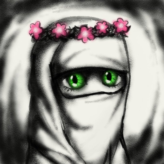 A digital illustration depicts a woman wearing a white hijab, with striking emerald green eyes framed by dark eyeliner, adorned with a delicate crown of pink flowers across her head. The artwork uses soft, grainy shading against a black and white background to emphasize the vibrant color accents of her eyes and floral headpiece.