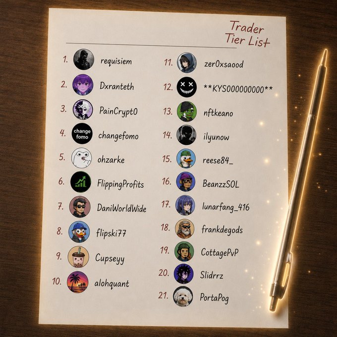 A handwritten-style "Trader Tier List" ranks 21 crypto traders in two columns, with "requislem" at #1 and "PortaPog" at #21, featuring names like Dxranteth, PainCrypt0, changefomo, ohzarke, FlippingProfits, zerOxsaood, and nftkeano. A golden pen rests beside the list, which the poster describes as ranking top performers from the past few months while acknowledging some EVM quants may be missing.