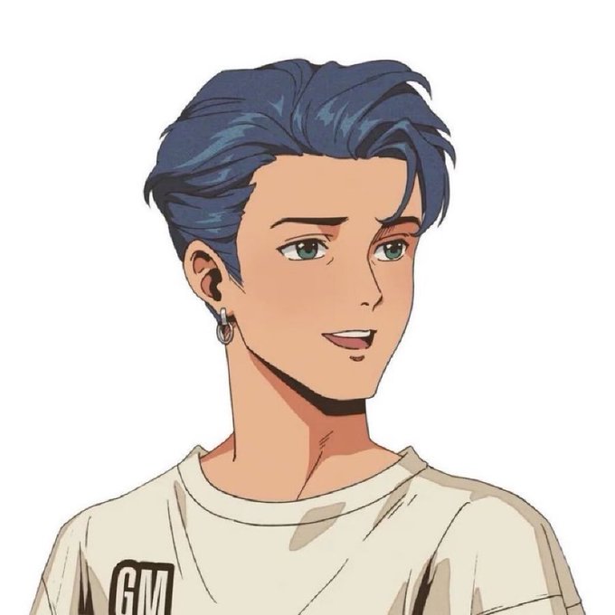 Anime-style illustration of a young man with dark blue hair, green eyes, a silver hoop earring, wearing a beige t-shirt with partial 'GM' lettering.