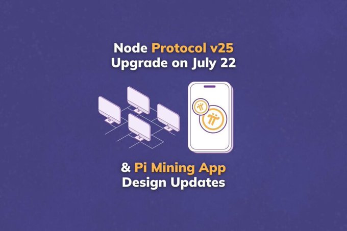 The image is a graphic announcing the "Node Protocol v25 Upgrade on July 22 & Pi Mining App Design Updates," featuring illustrations of interconnected monitors and a smartphone displaying the Pi cryptocurrency logo on a dark blue background. The caption, expressing community appreciation and confidence in Pi Network's future, aligns with the image's celebratory announcement of the v25 protocol upgrade and app improvements.